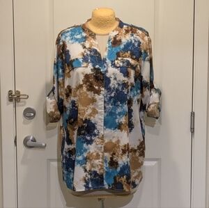3/$30 EUC Calvin Klein 3X Turquoise Brown and White Roll-Up Sleeve Blouse